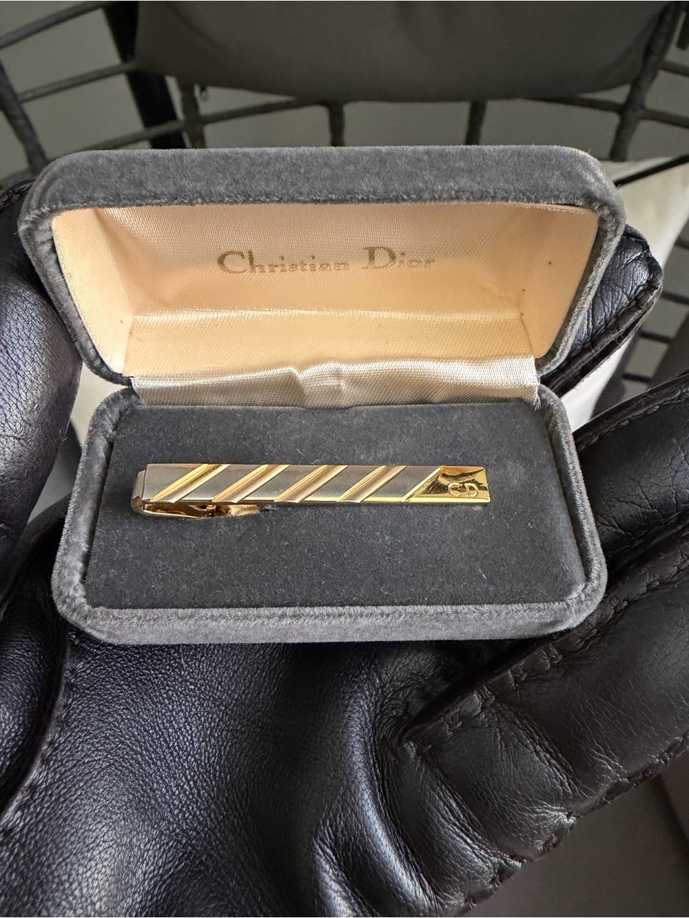Vintage Christian Dior Gold Plate Tie Clip Circa 1970 In Original Velvet Case